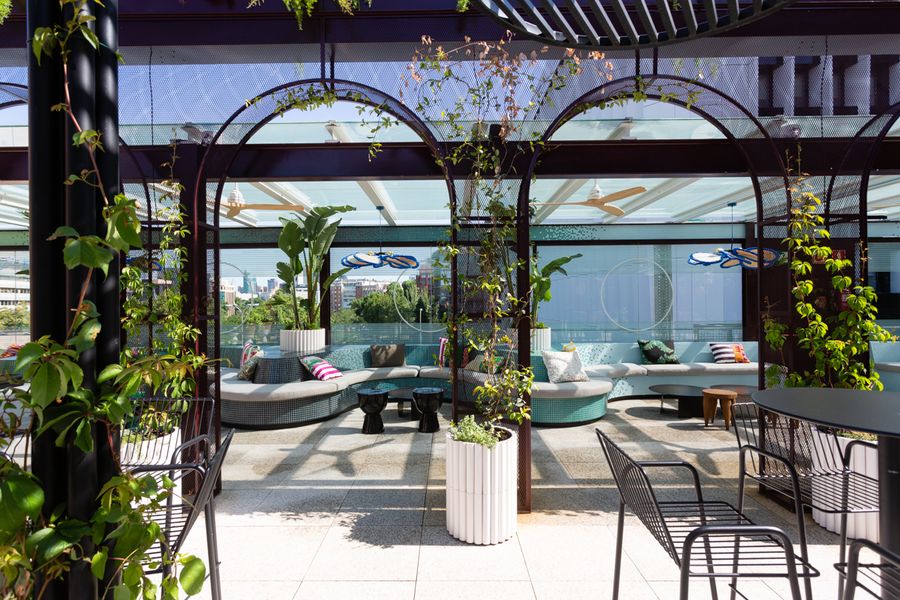 Arcos de la pérgola con enredaderas y zona de estar